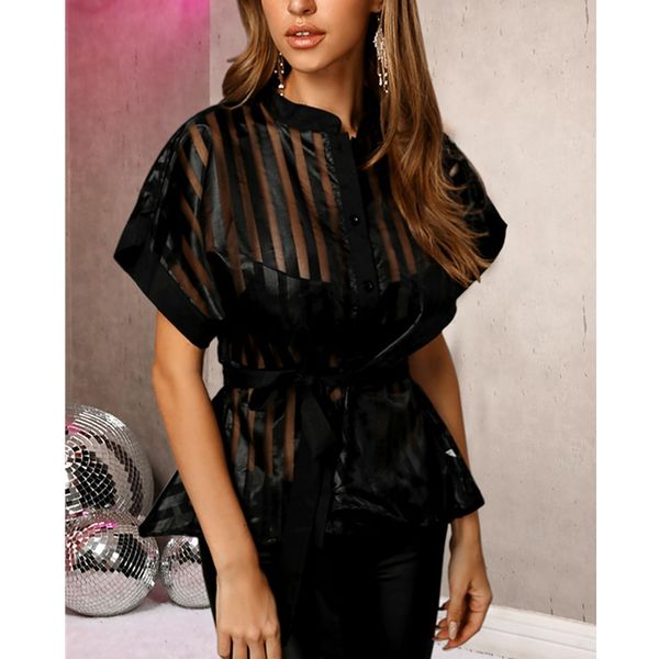 women striped sheer mesh breathable summer thin lace up loose t-shirt ladies' new see-through fashion t shirts tees, White
women striped sheer mesh breathable summer thin lace up loose t-shirt ladies' new see-through fashion t shirts tees, White