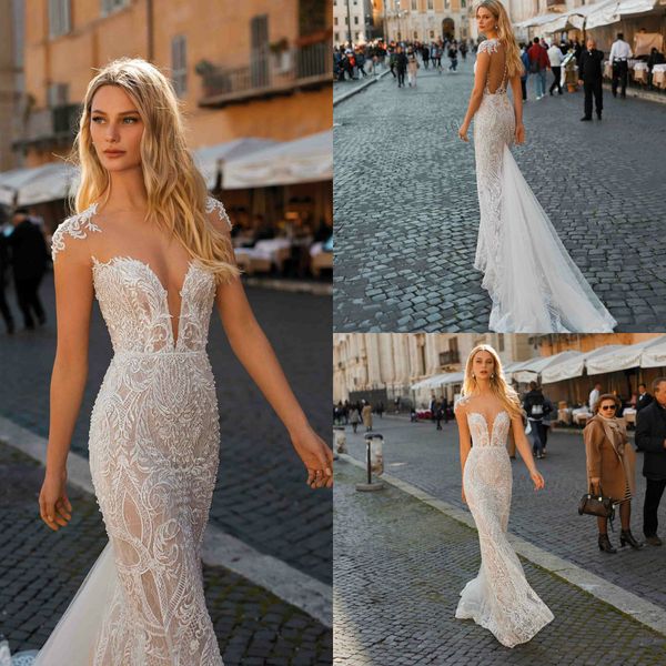 mermaid wedding dresses 2020 v neck lace appliqued illusion backless custom made vestidos de novia sweep train berta wedding gowns, White 
mermaid wedding dresses 2020 v neck lace appliqued illusion backless custom made vestidos de novia sweep train berta wedding gowns, White