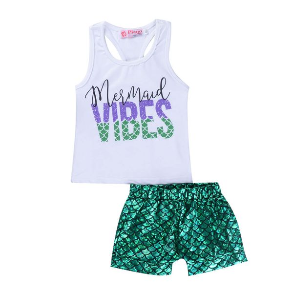2pcs baby girl clothes set mermaid vibes print vest fish scale short pants sets, White
2pcs baby girl clothes set mermaid vibes print vest fish scale short pants sets, White