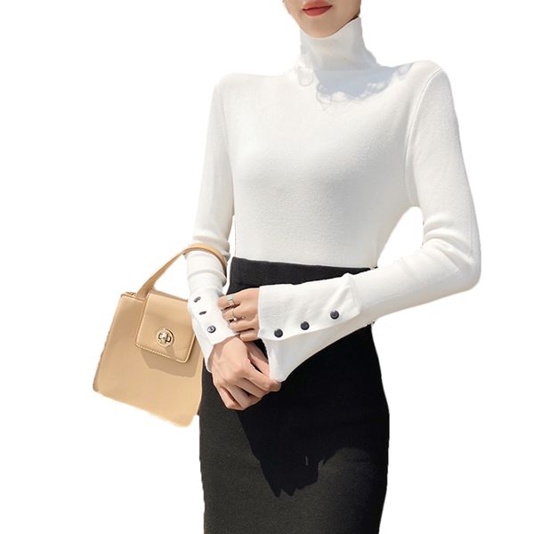 women solid sweater all match turtle neck knit fashion autumn winter long sleeve blouse ladies three button, White;black
women solid sweater all match turtle neck knit fashion autumn winter long sleeve blouse ladies three button, White;black