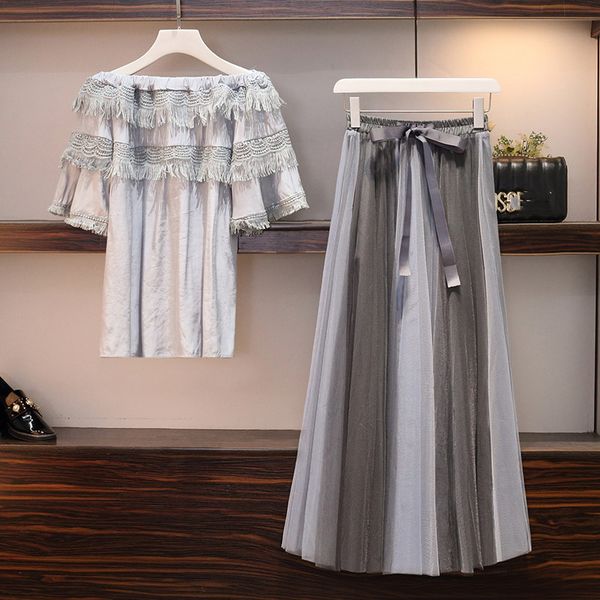 large size women's summer new off the shoulder tassel patchwork lace loose shirt mesh skirt fashion two-piece sets xl-5xl, White
large size women's summer new off the shoulder tassel patchwork lace loose shirt mesh skirt fashion two-piece sets xl-5xl, White