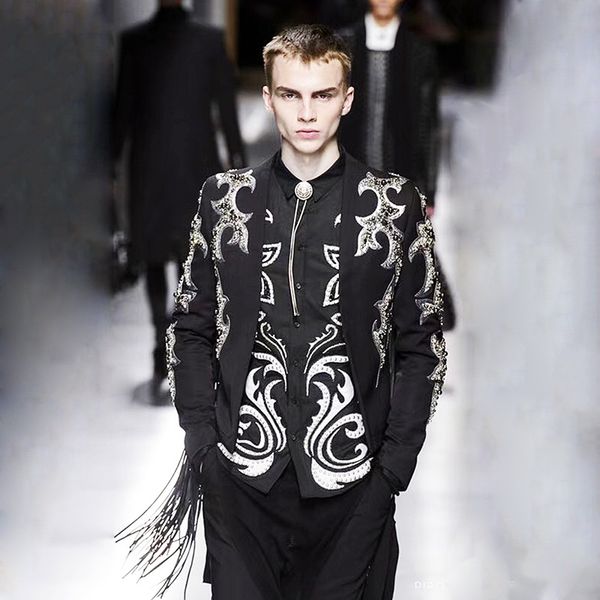 men desginer embroidery gems beading wedding party suit jacket runway fashion nightclub singer performance costumes black coat, White;black
men desginer embroidery gems beading wedding party suit jacket runway fashion nightclub singer performance costumes black coat, White;black