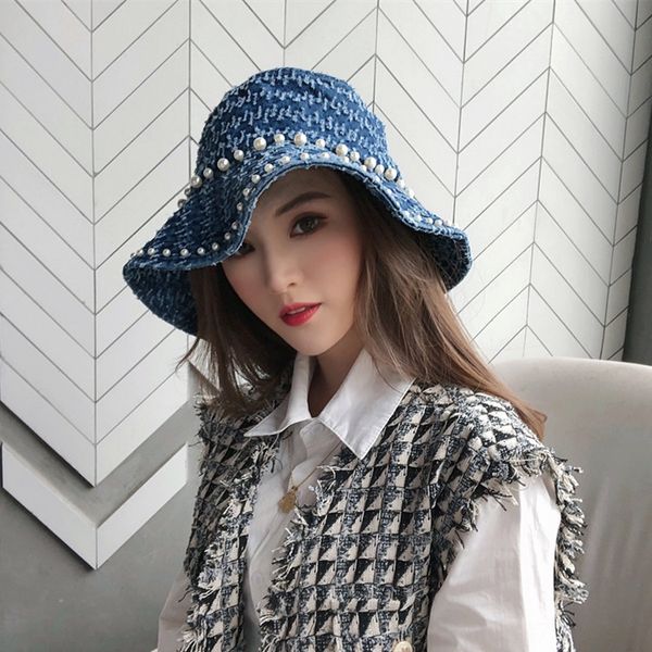 designer pearl decorative denim fisherman bucket bucket pearl fisherman hat fashionable girl summer lady elegant sunshade basin hat, Blue;gray
designer pearl decorative denim fisherman bucket bucket pearl fisherman hat fashionable girl summer lady elegant sunshade basin hat, Blue;gray