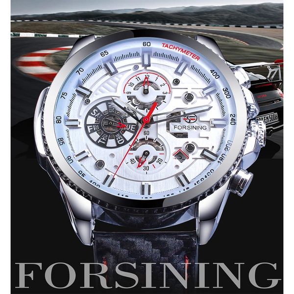 forsining brand men sport mechanical watches automatic white big 3 sub dial date military genuine polish leather wristwatch gift225y, Slivery;brown