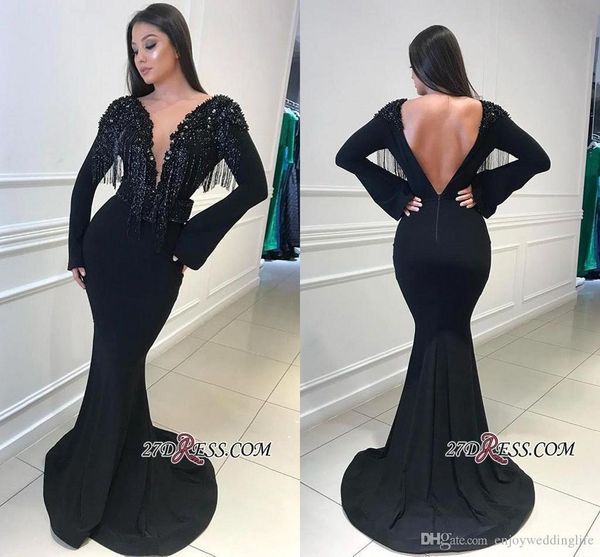 black tassel long evening dresses 2019 deep v neck prom dress long sleeves mermaid backless pearls beading party gowns, Black;red
black tassel long evening dresses 2019 deep v neck prom dress long sleeves mermaid backless pearls beading party gowns, Black;red