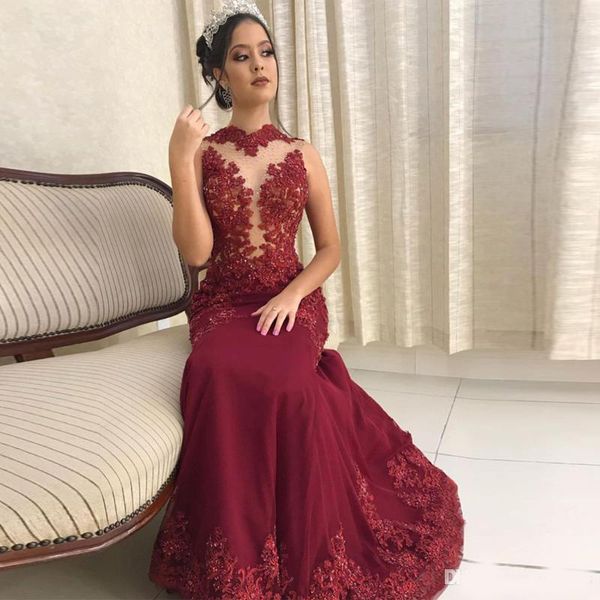 illusion mermaid burgundy evening dresses high neck appliques bead sequined evening gown sweep train prom dress 2020, Black;red 
illusion mermaid burgundy evening dresses high neck appliques bead sequined evening gown sweep train prom dress 2020, Black;red