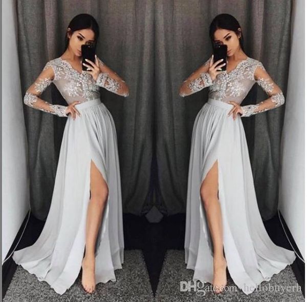 2019 new a line chiffon sheer arabic long sleeve prom dresses split front formal dresses evening plus size vestidos de fiesta largos, Black
2019 new a line chiffon sheer arabic long sleeve prom dresses split front formal dresses evening plus size vestidos de fiesta largos, Black