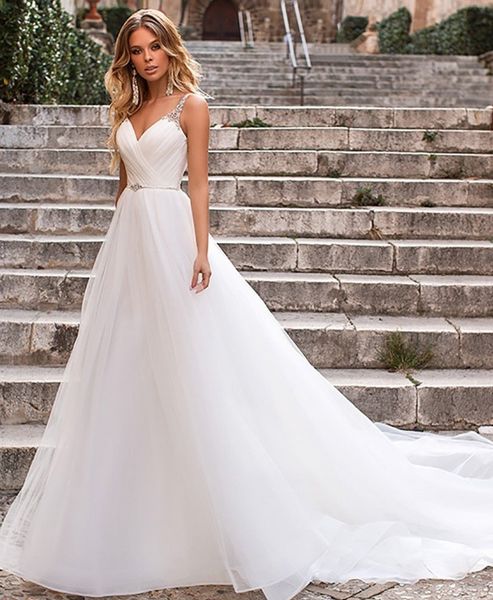 women's v-neck a-line long tulle beaded wedding dresses custom made sweep train ivory bridal gowns brautkleid formal dresses, White
women's v-neck a-line long tulle beaded wedding dresses custom made sweep train ivory bridal gowns brautkleid formal dresses, White