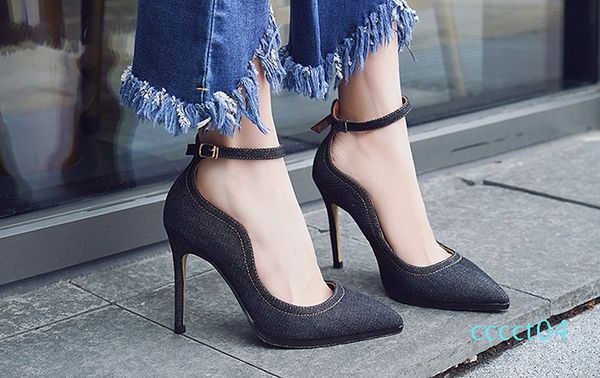 word buckle pointed high-heeled shoes denim female pointed shallow mouth women high heels single shoes fine women heels ct04, Black
word buckle pointed high-heeled shoes denim female pointed shallow mouth women high heels single shoes fine women heels ct04, Black
