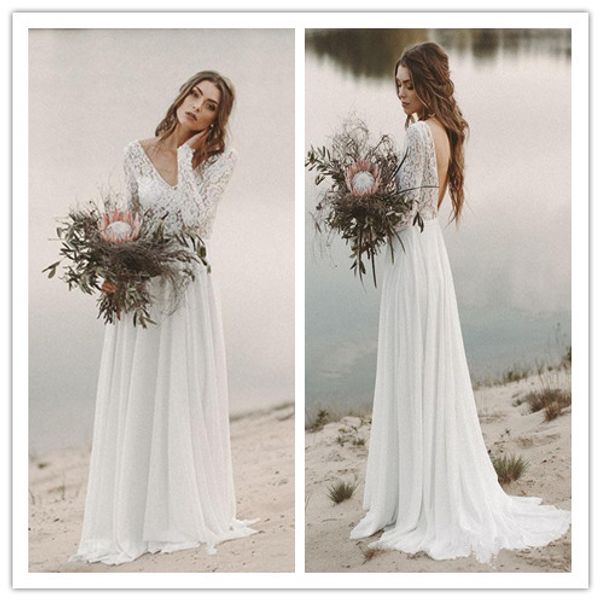 beach country wedding dresses 2019 a-line chiffon lace v-neck with long sleeves backless draped bridal gown illusion bodice, White
beach country wedding dresses 2019 a-line chiffon lace v-neck with long sleeves backless draped bridal gown illusion bodice, White