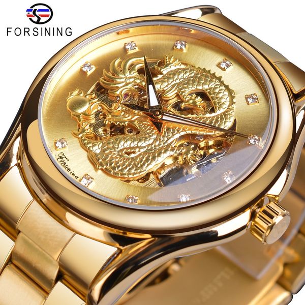 

forsining mens watches golden dragon skeleton crystal analog automatic watch mechanical steel strap wristwatch relogio masculino, Slivery;brown