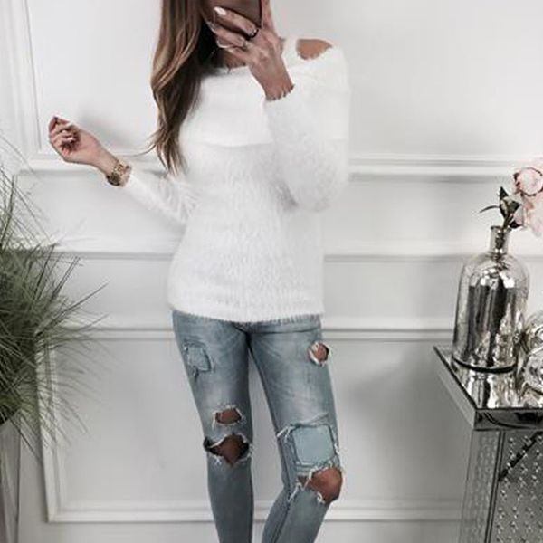 women's warm autumn winter cold shoulder sweaters and pullovers slim plush fluffy jumper knitted pullover, White;black
women's warm autumn winter cold shoulder sweaters and pullovers slim plush fluffy jumper knitted pullover, White;black