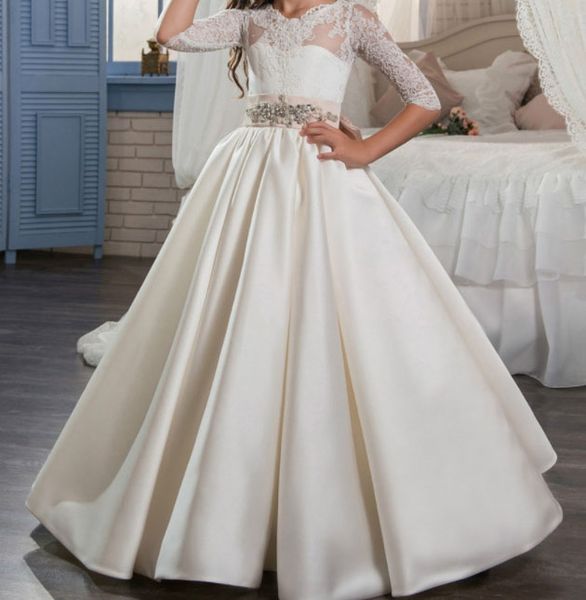 fall winter satin flower girl dress with sash lace with beads ivory with pink flower girls party dress, White;blue
fall winter satin flower girl dress with sash lace with beads ivory with pink flower girls party dress, White;blue