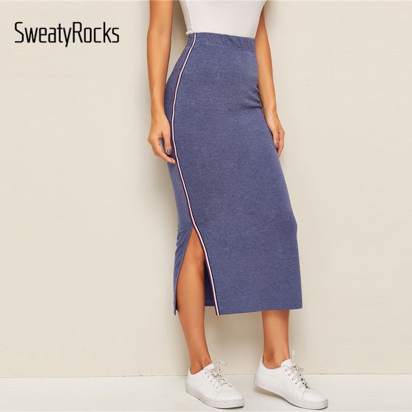 sweatyrocks blue striped tape detail slit heather knit skirt activewear skinny long skirts 2019 women high waist pencil skirts, Black
sweatyrocks blue striped tape detail slit heather knit skirt activewear skinny long skirts 2019 women high waist pencil skirts, Black