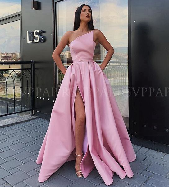 long elegant evening dress 2019 simple high slit pink satin arabic style formal evening gowns, White;black
long elegant evening dress 2019 simple high slit pink satin arabic style formal evening gowns, White;black