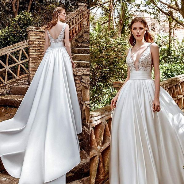 2021 elegant wedding dresses deep v neck lace appliques satin bridal gowns custom made backless sweep train a-line wedding dress, White
2021 elegant wedding dresses deep v neck lace appliques satin bridal gowns custom made backless sweep train a-line wedding dress, White