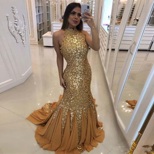 brilliant gold sequined evening dresses high neck beaded pleat bottom sweep train party gowns plus size special occasion prom dress, Black
brilliant gold sequined evening dresses high neck beaded pleat bottom sweep train party gowns plus size special occasion prom dress, Black
