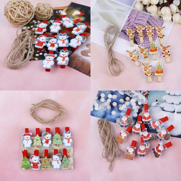 10pcs/set Red Christmas Santa Claus Wood Clips Mini Wooden Clothes P Paper Peg Pin Clothespin Craft Clips With Rope