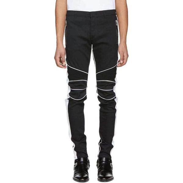 euro high street fashion mens slim fit motorcycle pencil pants white striped jeans long trousers plus size 42 biker denim pants, Blue 
euro high street fashion mens slim fit motorcycle pencil pants white striped jeans long trousers plus size 42 biker denim pants, Blue