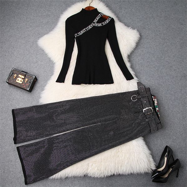 top quality winter women's pants 2pcs set 2018 new letters sexy knitted sweater+diamonds wide leg pants suit set outfits, White
top quality winter women's pants 2pcs set 2018 new letters sexy knitted sweater+diamonds wide leg pants suit set outfits, White