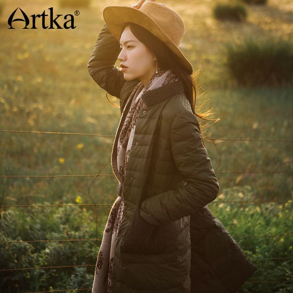 artka 2018 autumn& winter long white duck 90% light thin spliced down coat parka with button and pocket yk10071d, Black
artka 2018 autumn& winter long white duck 90% light thin spliced down coat parka with button and pocket yk10071d, Black