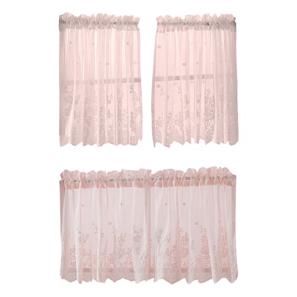 embroidered lace sheer curtain kitchen valance tiers valance drape pink