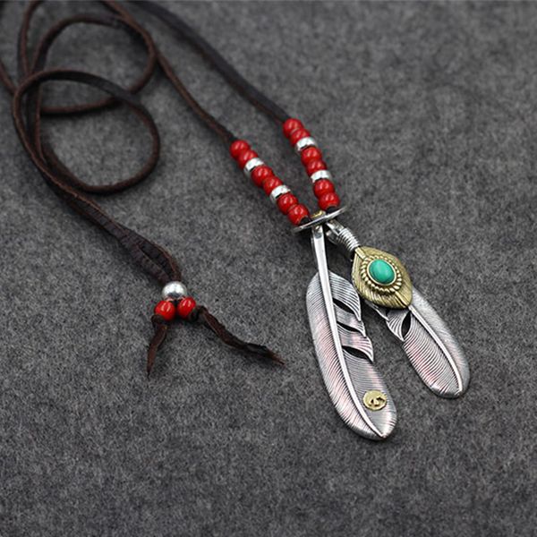 925 sterling silver jewelry takahashi thai silver retro feather pendant glass beads deerskin rope necklace for men and women
925 sterling silver jewelry takahashi thai silver retro feather pendant glass beads deerskin rope necklace for men and women