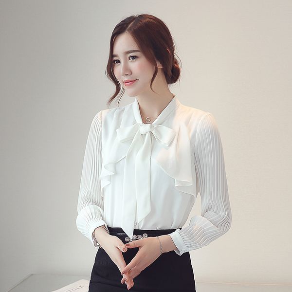 2019 spring fashion women's clothing ruffles bow stand collar shirts solid color pleated long sleeves chiffon blouse female, White
2019 spring fashion women's clothing ruffles bow stand collar shirts solid color pleated long sleeves chiffon blouse female, White