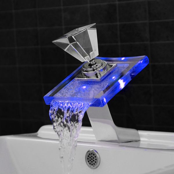 

glass waterfall basin faucet deck mounted basin sink mixer tap led color changing bathroom battery mixer tap chrome finish