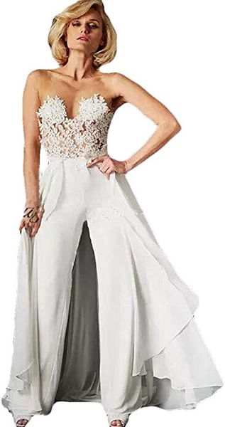 wedding jumpsuit with detachable train beach boho illusion bodice lace chiffon beach bridal gowns, White
wedding jumpsuit with detachable train beach boho illusion bodice lace chiffon beach bridal gowns, White