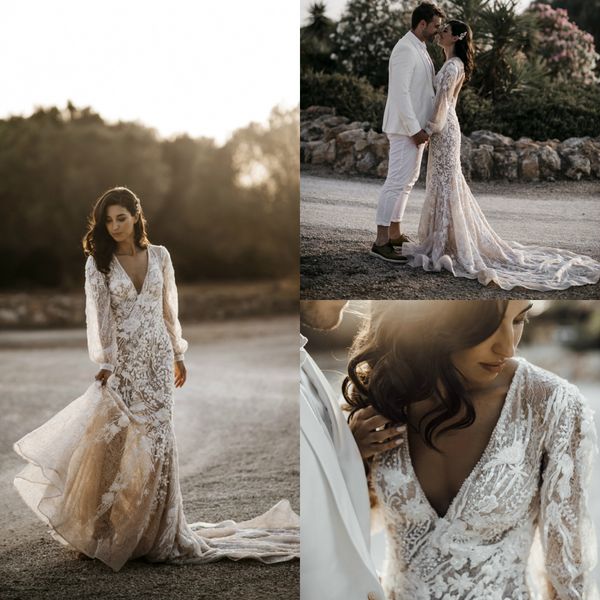 bohemian mermaid wedding dresses deep v neck lace appliques long sleeve country wedding gowns customized modest champagne bridal dress, White
bohemian mermaid wedding dresses deep v neck lace appliques long sleeve country wedding gowns customized modest champagne bridal dress, White