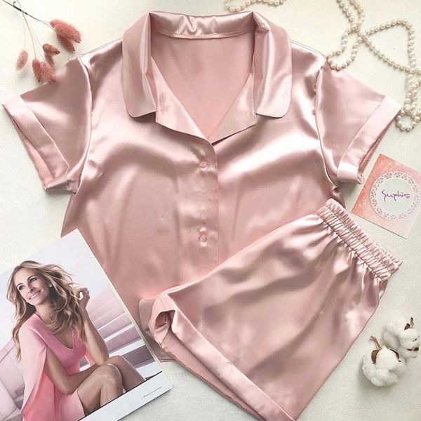 women sleepwear summer pajama set 5 colors pink turndown collar faux silk satin blue short sleeve casual female pijama home wear, Black;red
women sleepwear summer pajama set 5 colors pink turndown collar faux silk satin blue short sleeve casual female pijama home wear, Black;red