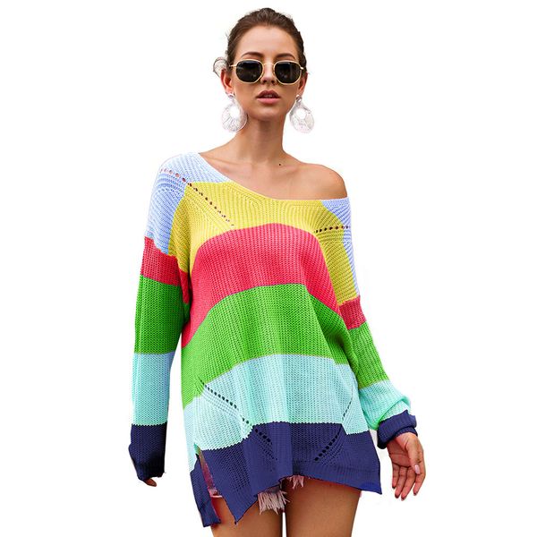 casual contrast color knit loose fashion women sweater autumn long sleeve rainbow stripe gift daily wear crew neck pullover, White;black
casual contrast color knit loose fashion women sweater autumn long sleeve rainbow stripe gift daily wear crew neck pullover, White;black