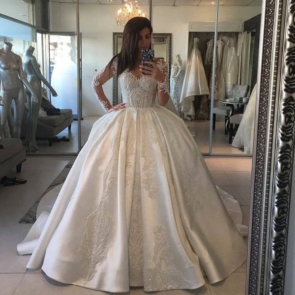 luxury long sleeve wedding dresses v neck lace appliqued beads satin sweep train country wedding dress church plus size vestidos de noiva, White
luxury long sleeve wedding dresses v neck lace appliqued beads satin sweep train country wedding dress church plus size vestidos de noiva, White