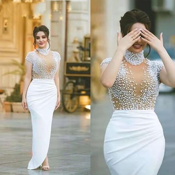 white mermaid evening dresses with major beading pearls cap sleeves prom dress high neck sheer neck front split robe de soiree, Black
white mermaid evening dresses with major beading pearls cap sleeves prom dress high neck sheer neck front split robe de soiree, Black