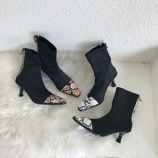 boussac snake print kitten heel ankle boots for women vintage square toe designer women's boots stretch fabric sock e0777, Black
boussac snake print kitten heel ankle boots for women vintage square toe designer women's boots stretch fabric sock e0777, Black