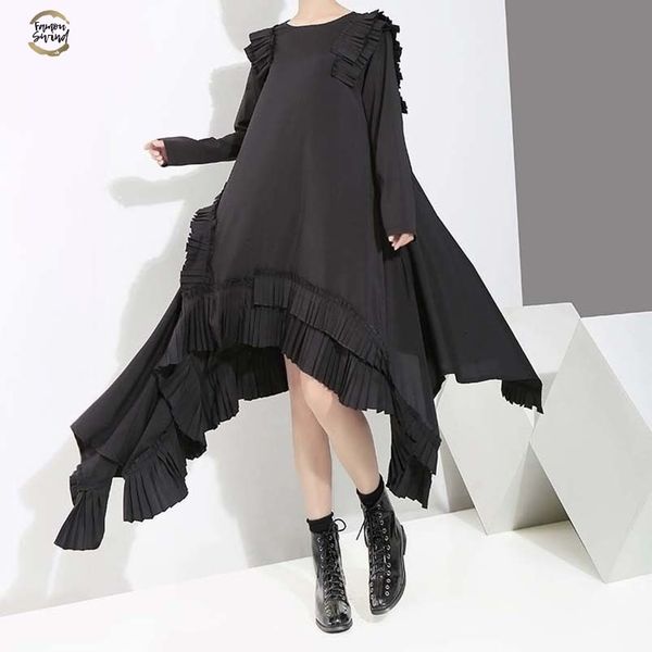 new spring summer round neck long sleeve ruffles split joint irregular hem loose dress women fashion tide ji045, Black;gray
new spring summer round neck long sleeve ruffles split joint irregular hem loose dress women fashion tide ji045, Black;gray
