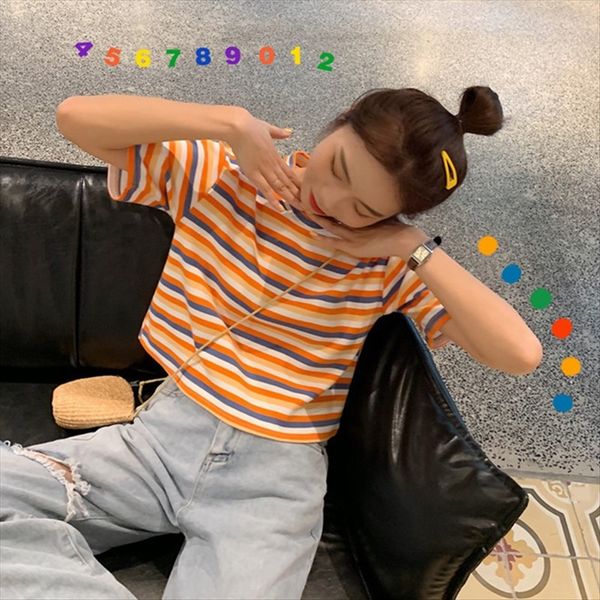 2020 rainbow striped t-shirt female ins short sleeved female navel short versatile student and shorts t-shirt shorts women's top, White
2020 rainbow striped t-shirt female ins short sleeved female navel short versatile student and shorts t-shirt shorts women's top, White