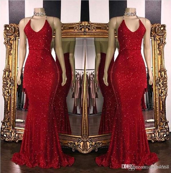 2019 new red sparkling sequins mermaid long prom dresses halter beaded backless sweep train formal party evening dresses aw354, Black
2019 new red sparkling sequins mermaid long prom dresses halter beaded backless sweep train formal party evening dresses aw354, Black