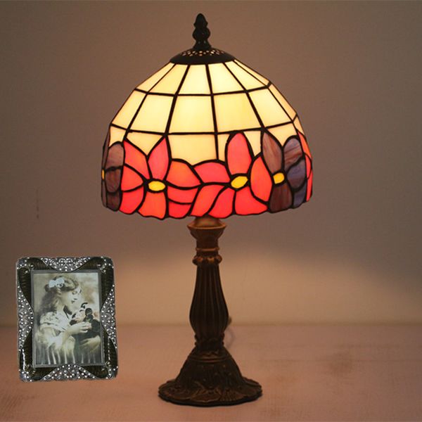 8 Inch Vintage Tiffany Glass Red Flowers Lamp Bedside Table Light Creative Bedroom Study Bar Ktv L Warm White Led Table Lamp