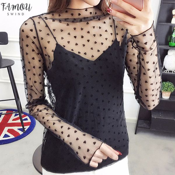 new polka dot 2020 spring summer womens long sleeve black mesh t shirts transparent punk club streetwear tees beach, White
