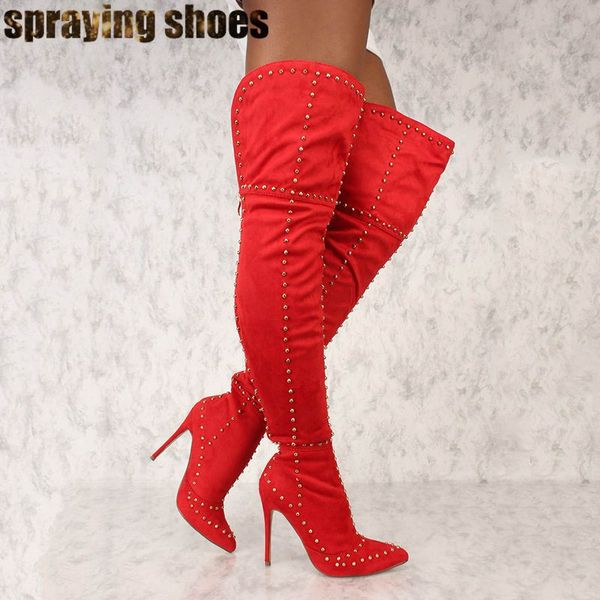 stylish women red faux suede studded thigh high heel boot pointed toe ziplong over the knee boots ladies winter shoes high boots, Black
stylish women red faux suede studded thigh high heel boot pointed toe ziplong over the knee boots ladies winter shoes high boots, Black