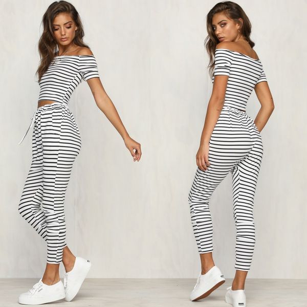 2019 new shein ensemble femme conjuntos de mujer word shoulder stripe exposed navel t-shirt fashion pants two piece set, White 
2019 new shein ensemble femme conjuntos de mujer word shoulder stripe exposed navel t-shirt fashion pants two piece set, White