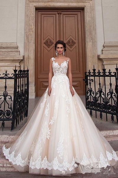 2019 sheer crew neck lace a line wedding dresses illusion tulle lace appliques chapel train bridal gowns with beaded vestidos de mariee, White
2019 sheer crew neck lace a line wedding dresses illusion tulle lace appliques chapel train bridal gowns with beaded vestidos de mariee, White