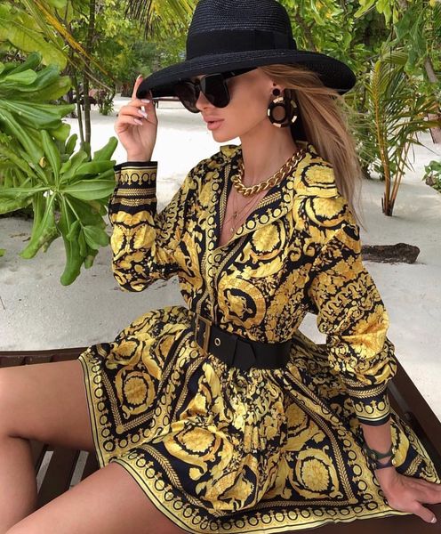 women designer vintage printed dress elegant v neck blouses dress summer long sleeve shirts ladies clothing, White
women designer vintage printed dress elegant v neck blouses dress summer long sleeve shirts ladies clothing, White