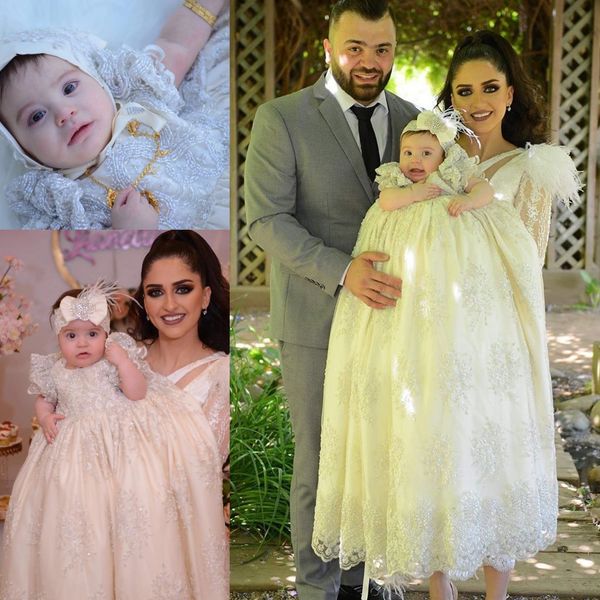 

2019 luxury long sleeve christening gowns for baby girls lace appliqued pearls baptism dresses with bonnet first holy communion dresses, White