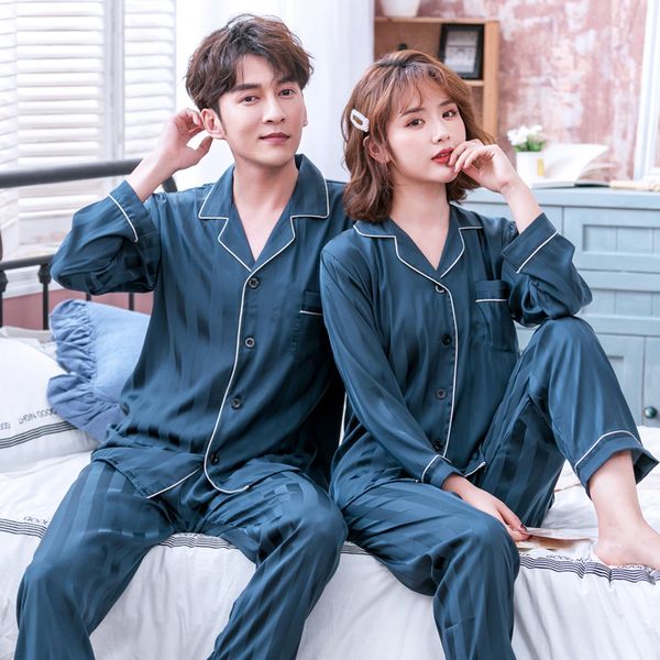 

lovers pajamas set sleepwear satin home dressing clothes negligee full sleeve turn-down collor gown solid colour nightgown, Black;brown