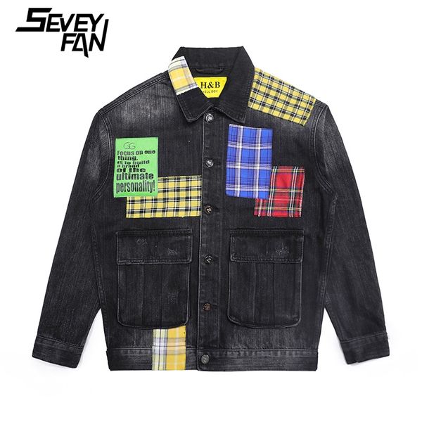 seveyfan men's vintage plaid patchwork denim jackets front pockets single breasted denim jackets hip hop coat streetwear male, Black;brown
seveyfan men's vintage plaid patchwork denim jackets front pockets single breasted denim jackets hip hop coat streetwear male, Black;brown