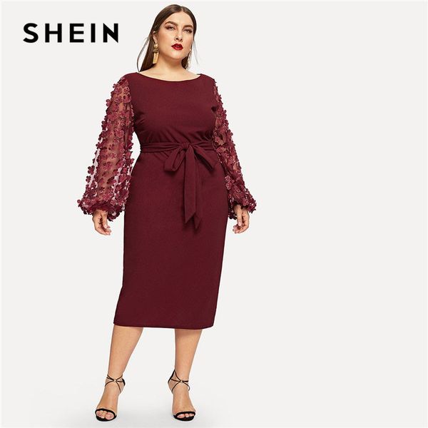 

shein burgundy women plus size elegant pencil dress with applique mesh lantern sleeve high street belted slim fit party dresses, Black;gray