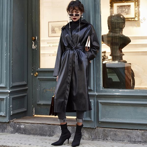 2019 women new spring autumn large size coat pu leather long section over the knee handsome loose pu leather windbreaker female, Black
2019 women new spring autumn large size coat pu leather long section over the knee handsome loose pu leather windbreaker female, Black